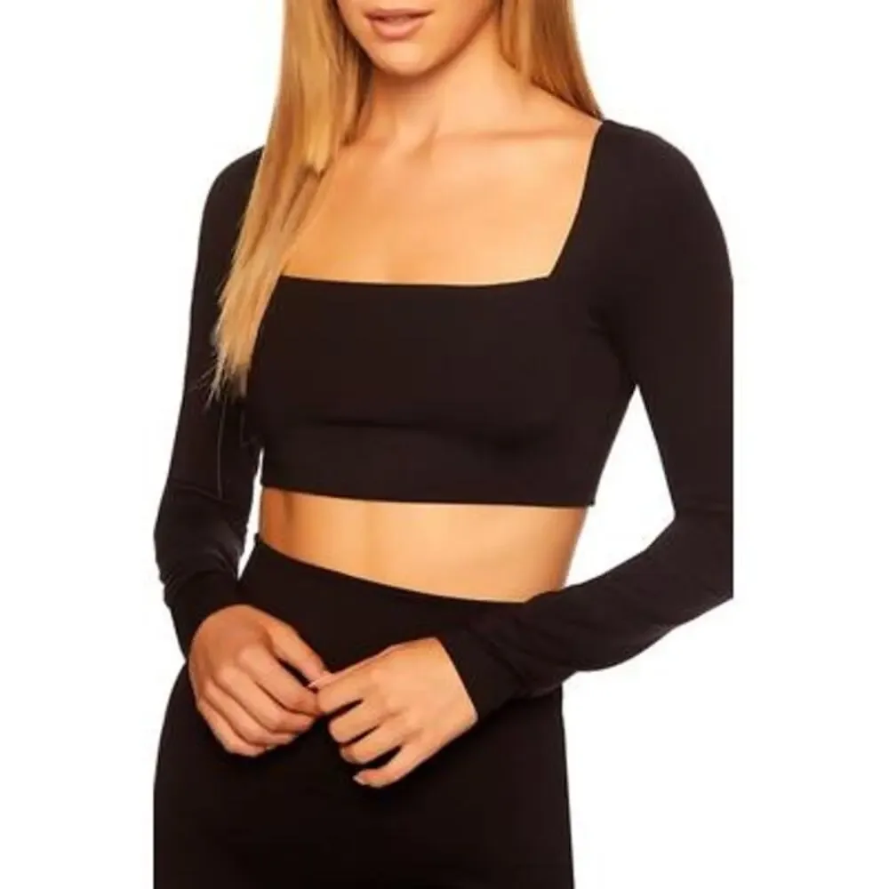Susana Monaco Micro Square Neck Long Sleeve Crop Top in Black NWT Size Medium